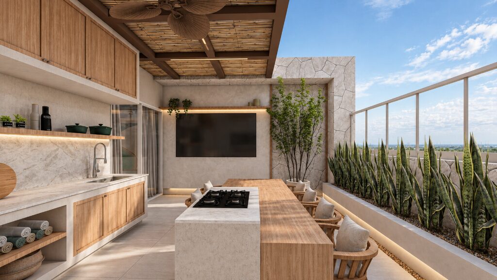 Área gourmet externa com cozinha integrada, ilha e jardineira, projeto residencial